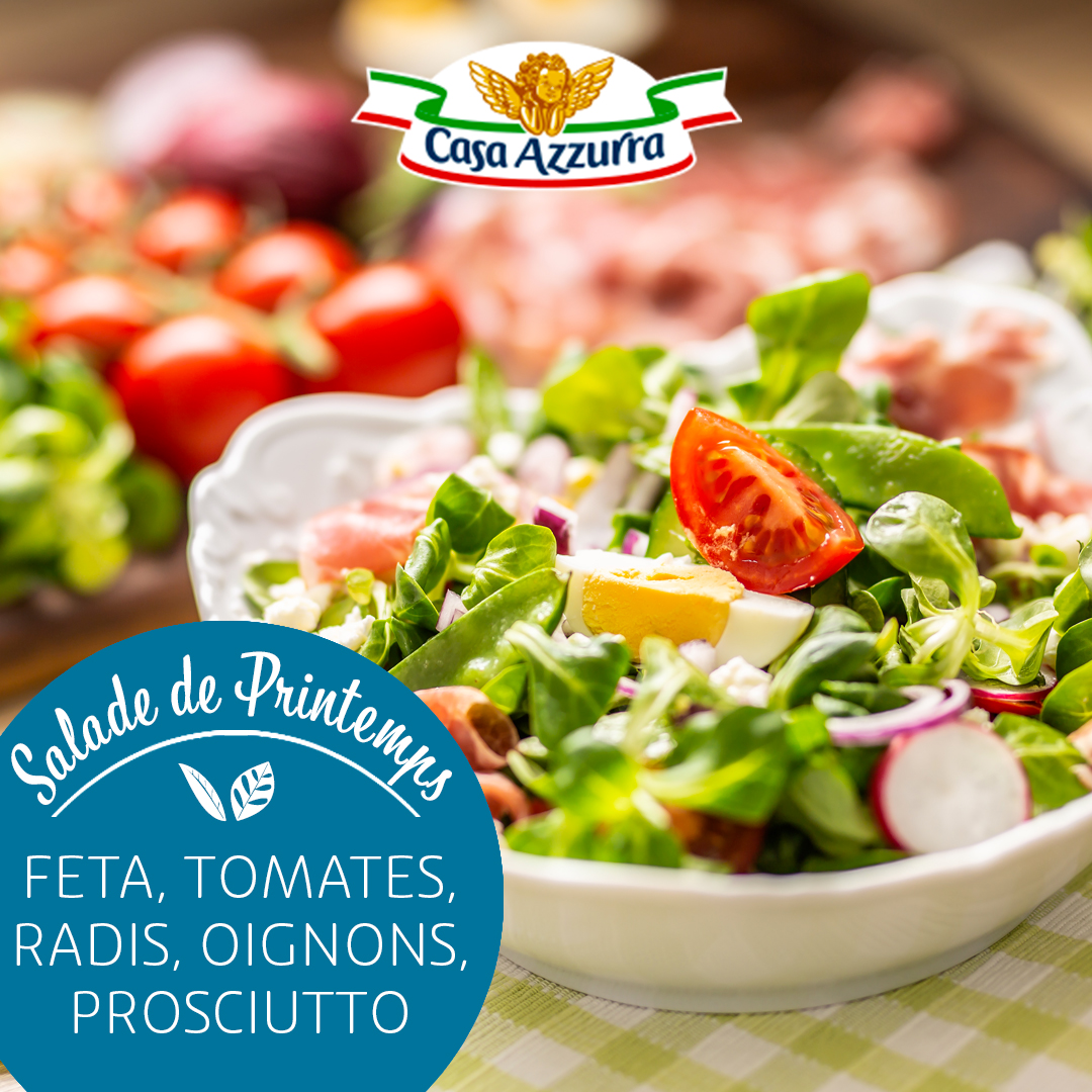 Salade composée tomates, radis, oignons, prosciutto et feta Casa Azzurra
