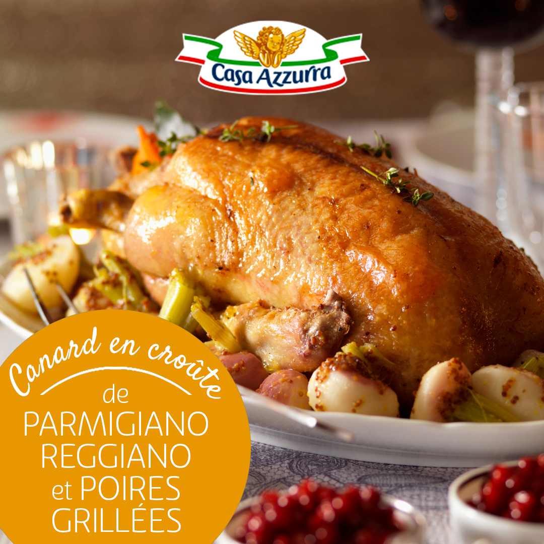 Canard en croûte de parmesan et poires grillées