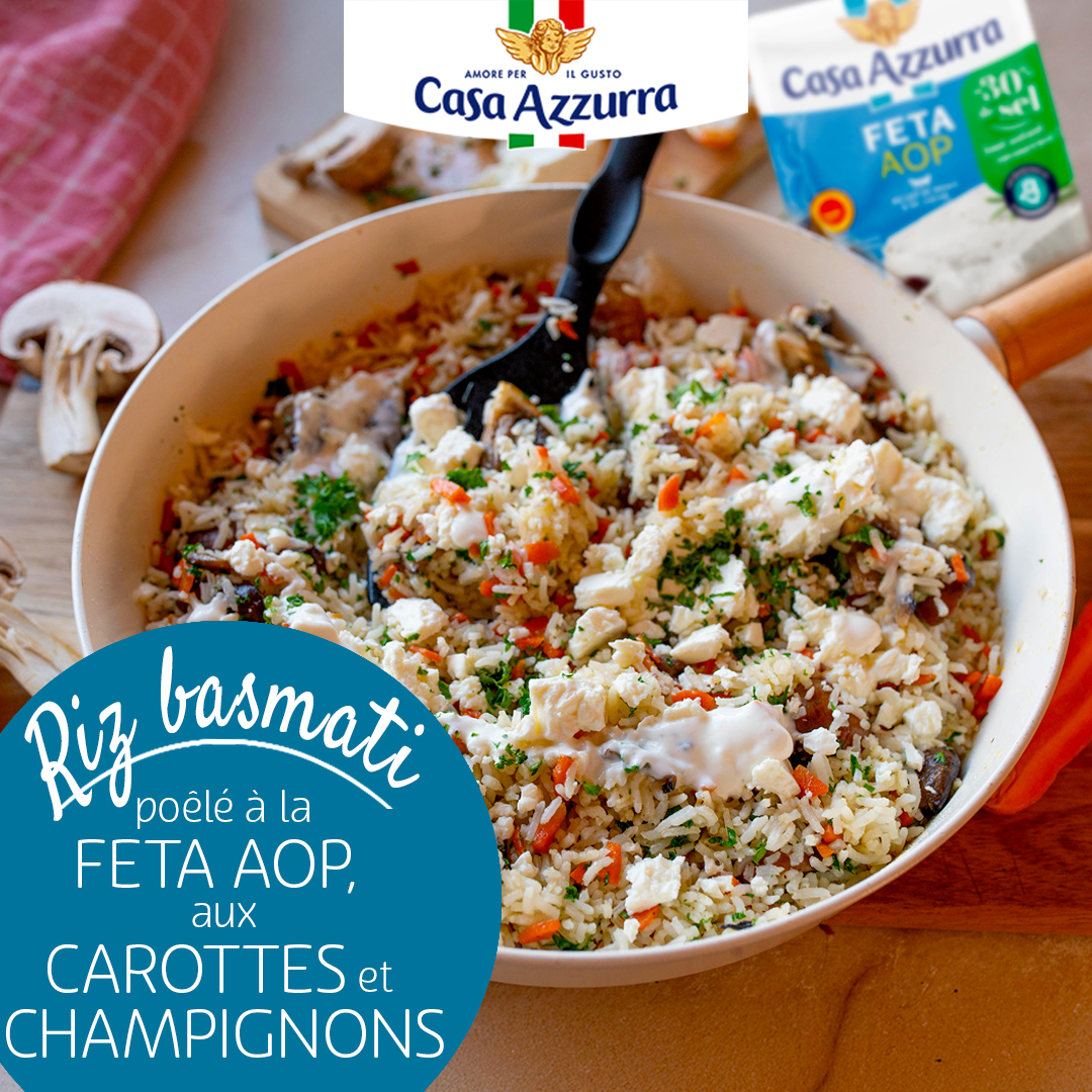 Riz basmati poêlé, à la feta Casa Azzurra, aux carottes et champignons