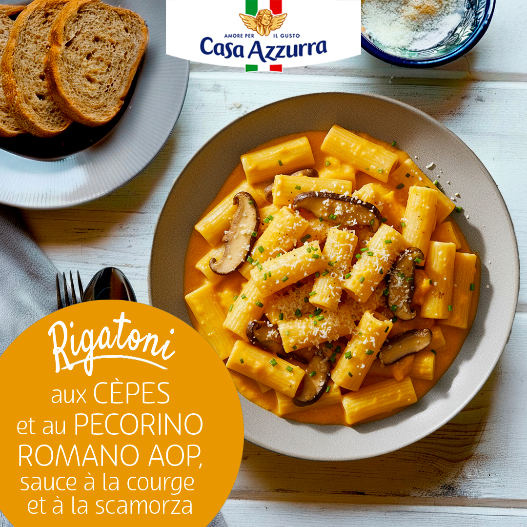 Rigatoni aux cèpes et au pecorino romano aop sauce courge et scamorza Casa Azzurra
