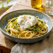 Linguine printanières avec asperges, courgettes et burrata à la truffe Casa Azzurra